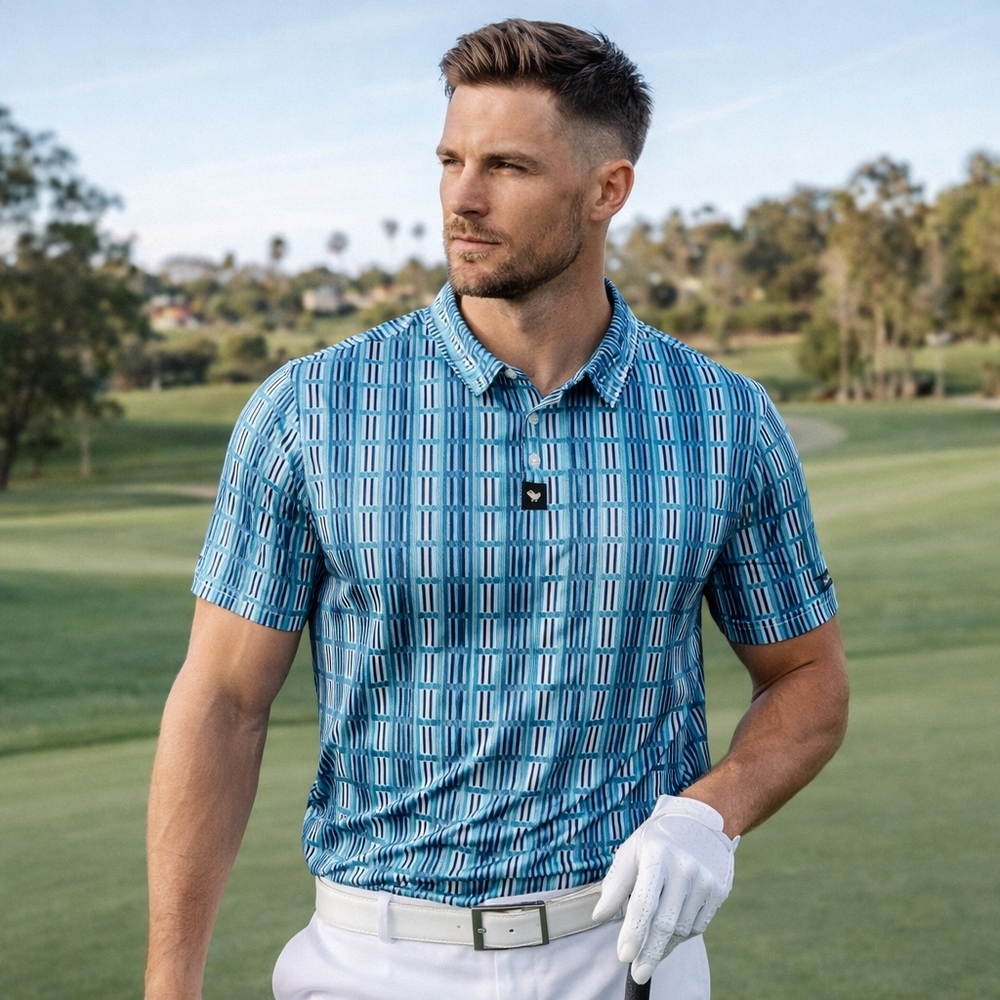 BAD BIRDIE Polo Mens Medium Blue White Golf Pattern Casual Preppy